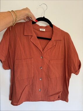 COTTON ON Open Front Rust Button-Down Camp Shirt XS